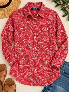Chaps Denim Red Paisley Button Down Shirt Women’s L 100% Cotton Preppy Western